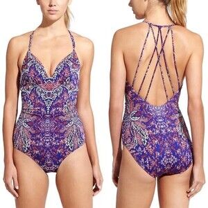Athleta Swim Aqualuxe One Piece Swimsuit Purple Paradise Print Women’s Size XS